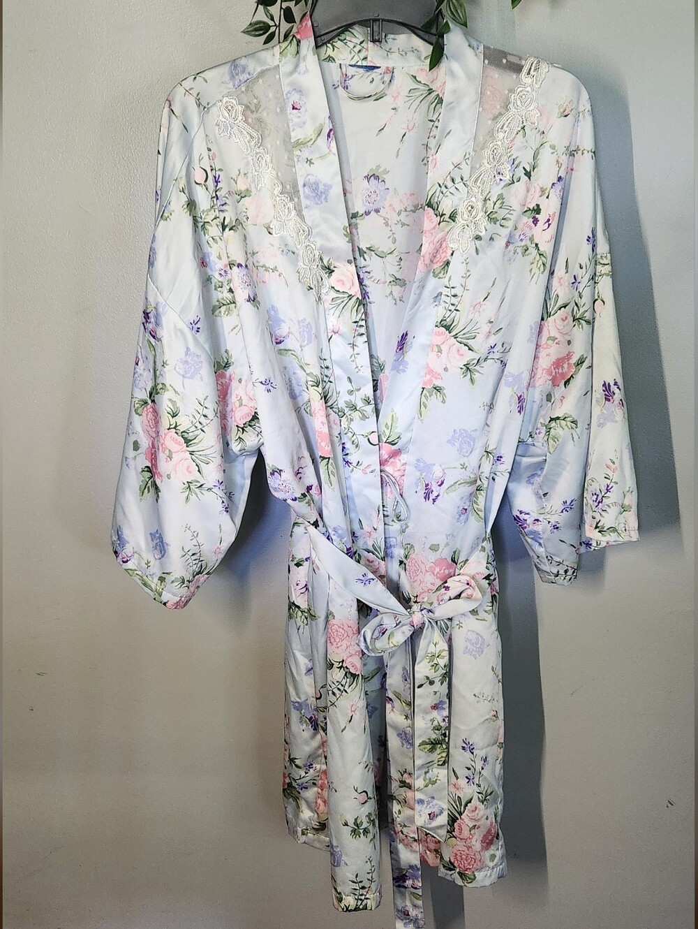 Floral Satin Robe with Lace Trim - Pastel Pink & Lavender